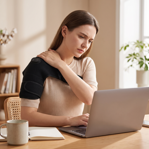 Sereina - tension à l'épaule au bureau, orthèse portée