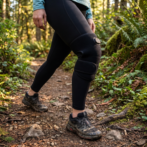 Sereina - jambes de coureuse trail, orthèse portée au genou sur un sentier